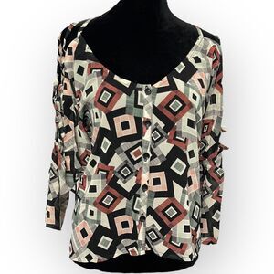 Katia Button Up Blouse Women's Small Multicolor Geometric Cutout Sleeves Y2K NEW